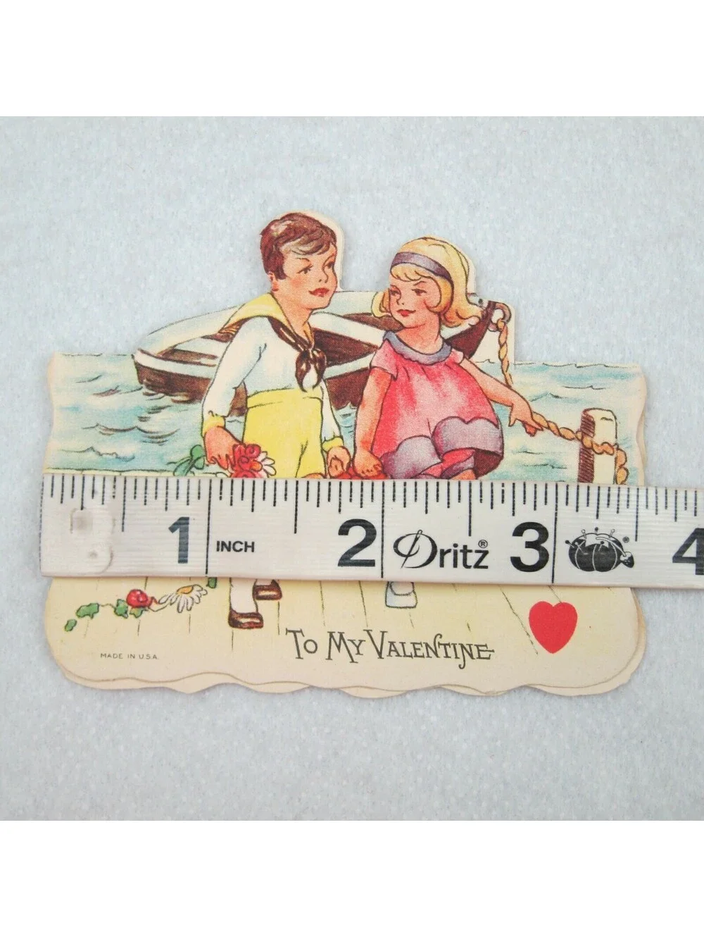 Vintage Valentine Card Cutout Stand Up Boy Sailor Suit Girl at Boat with Basket